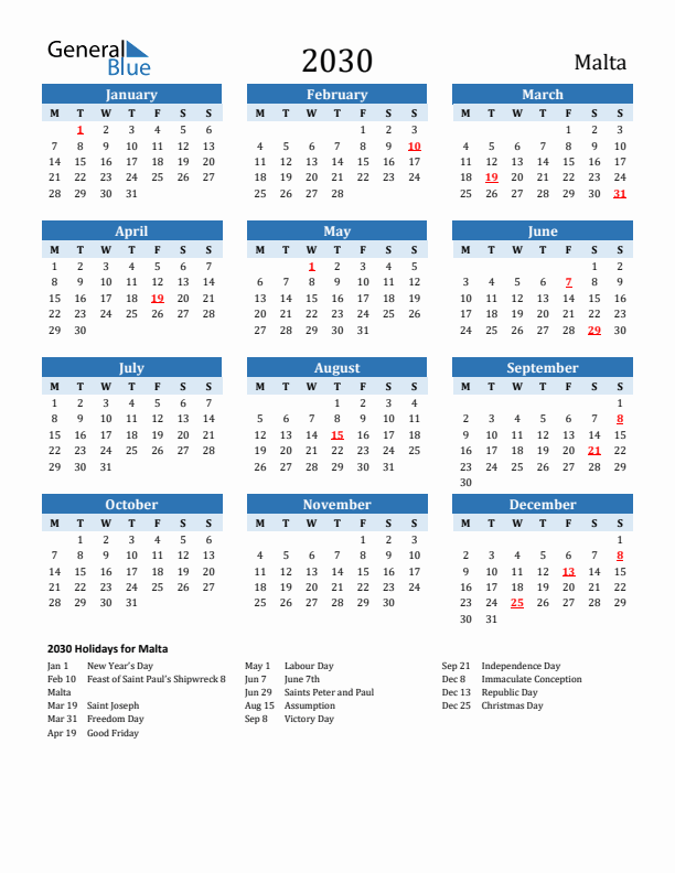 Printable Calendar 2030 with Malta Holidays (Monday Start)
