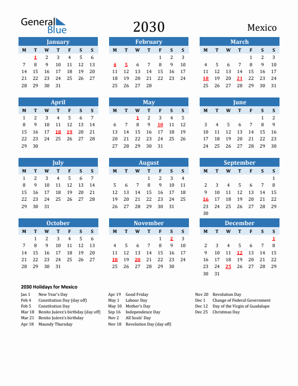 Printable Calendar 2030 with Mexico Holidays (Monday Start)