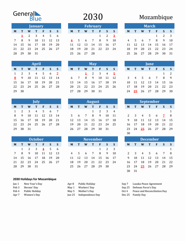 Printable Calendar 2030 with Mozambique Holidays (Monday Start)
