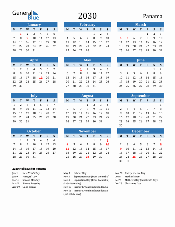 Printable Calendar 2030 with Panama Holidays (Monday Start)