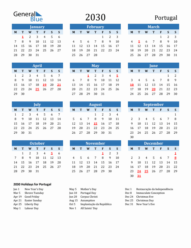 Printable Calendar 2030 with Portugal Holidays (Monday Start)