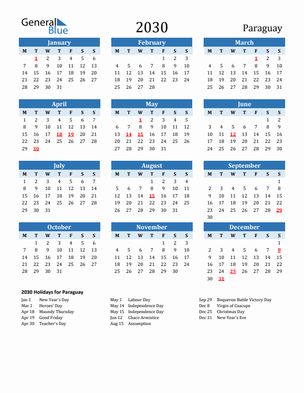 Printable Calendar 2030 with Paraguay Holidays (Monday Start)