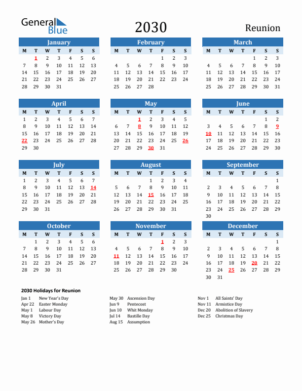 Printable Calendar 2030 with Reunion Holidays (Monday Start)
