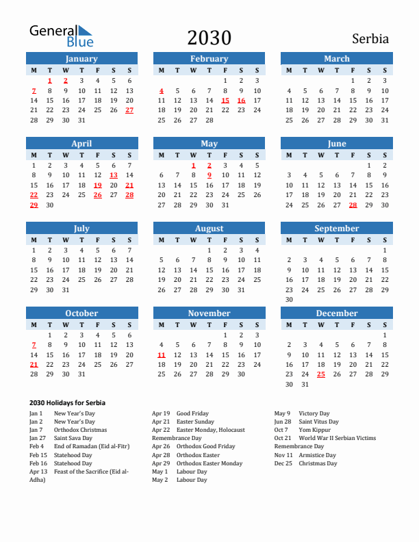 Printable Calendar 2030 with Serbia Holidays (Monday Start)