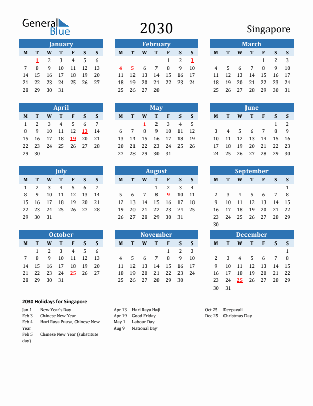 Printable Calendar 2030 with Singapore Holidays (Monday Start)