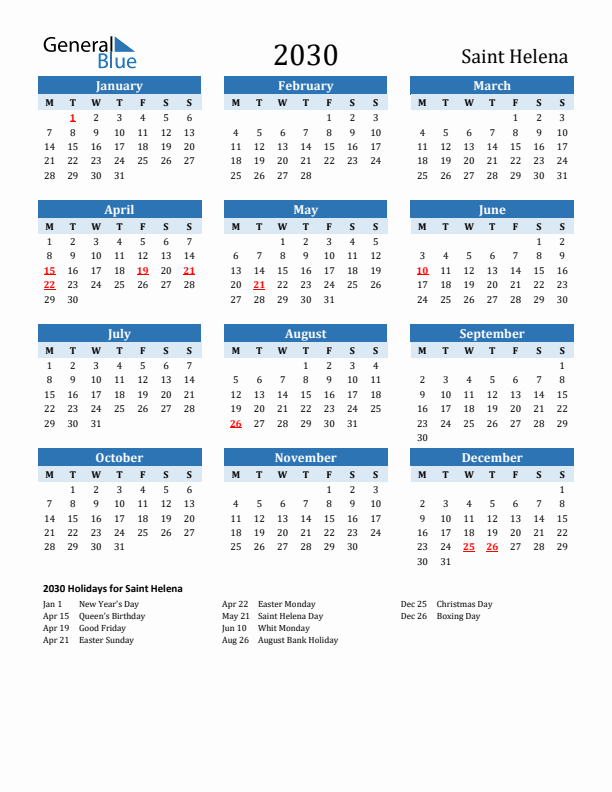 Printable Calendar 2030 with Saint Helena Holidays (Monday Start)