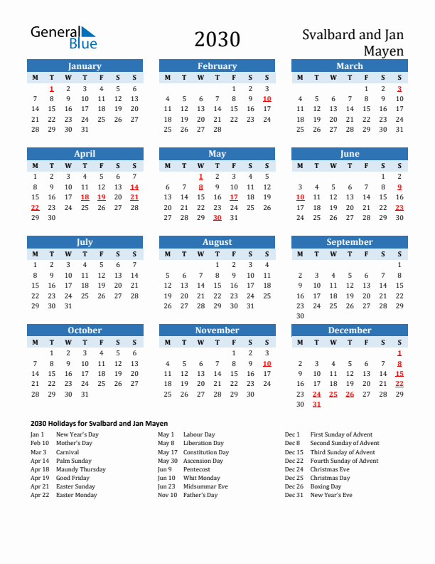 Printable Calendar 2030 with Svalbard and Jan Mayen Holidays (Monday Start)