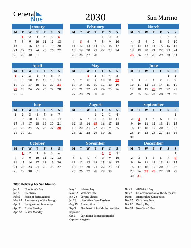 Printable Calendar 2030 with San Marino Holidays (Monday Start)