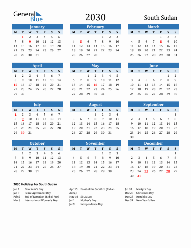Printable Calendar 2030 with South Sudan Holidays (Monday Start)