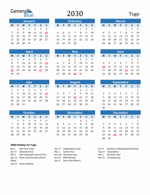 Printable Calendar 2030 with Togo Holidays (Monday Start)