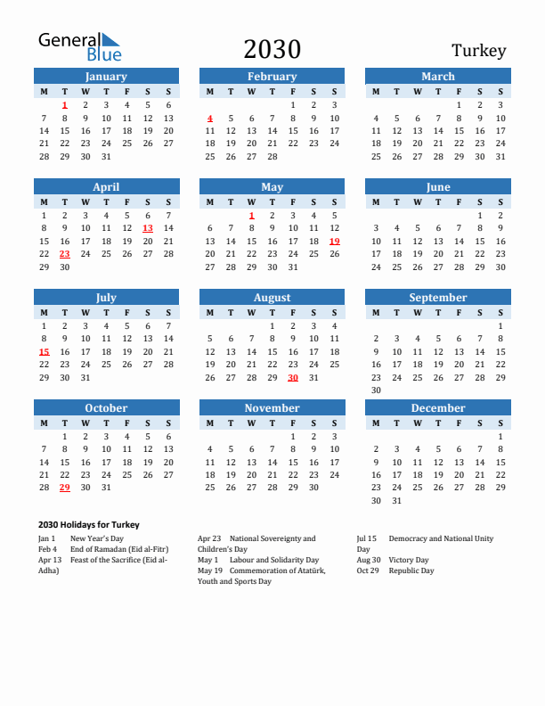 Printable Calendar 2030 with Turkey Holidays (Monday Start)