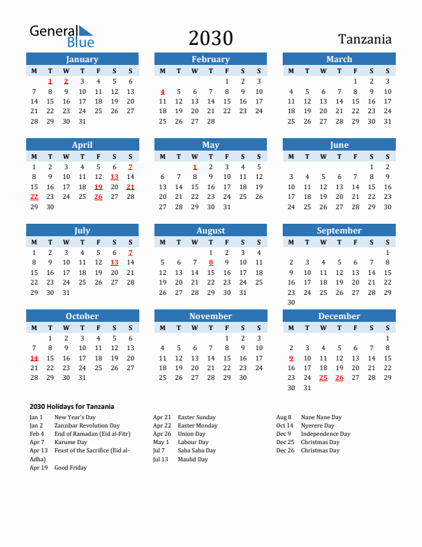 Printable Calendar 2030 with Tanzania Holidays (Monday Start)