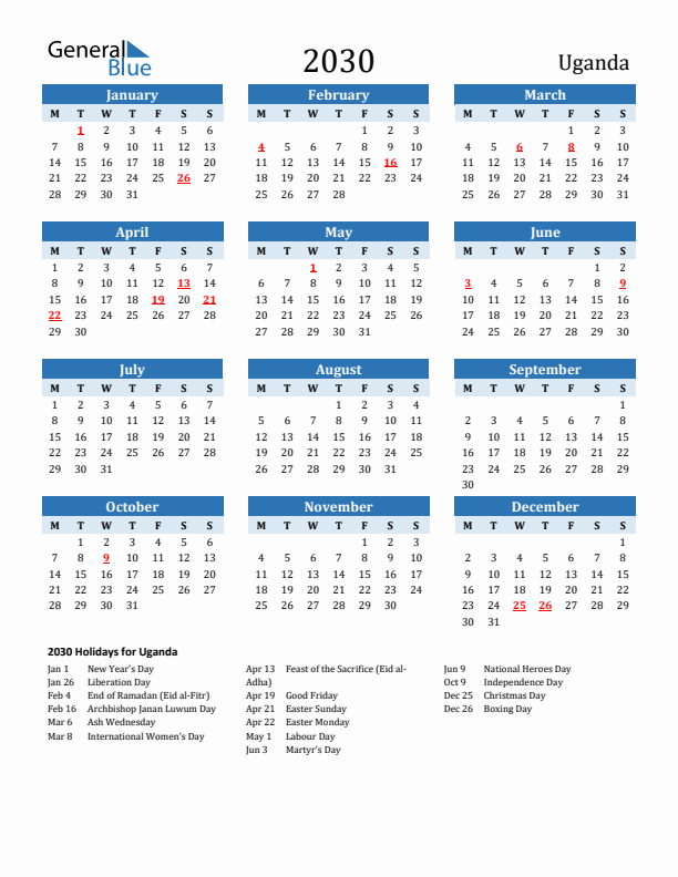 Printable Calendar 2030 with Uganda Holidays (Monday Start)