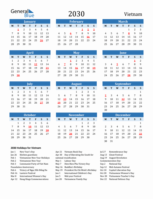 Printable Calendar 2030 with Vietnam Holidays (Monday Start)