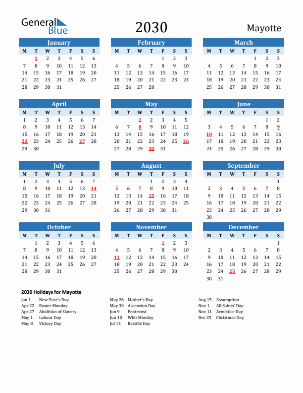 Printable Calendar 2030 with Mayotte Holidays (Monday Start)