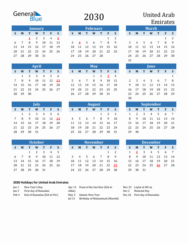 Printable Calendar 2030 with United Arab Emirates Holidays (Sunday Start)