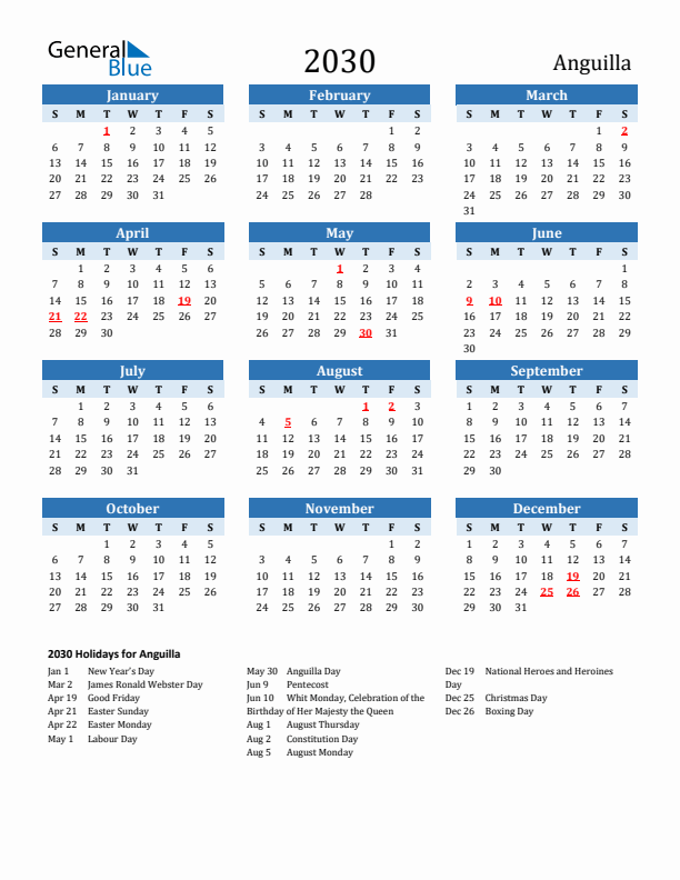 Printable Calendar 2030 with Anguilla Holidays (Sunday Start)