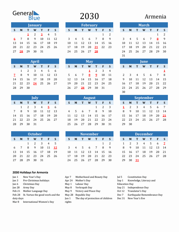 Printable Calendar 2030 with Armenia Holidays (Sunday Start)