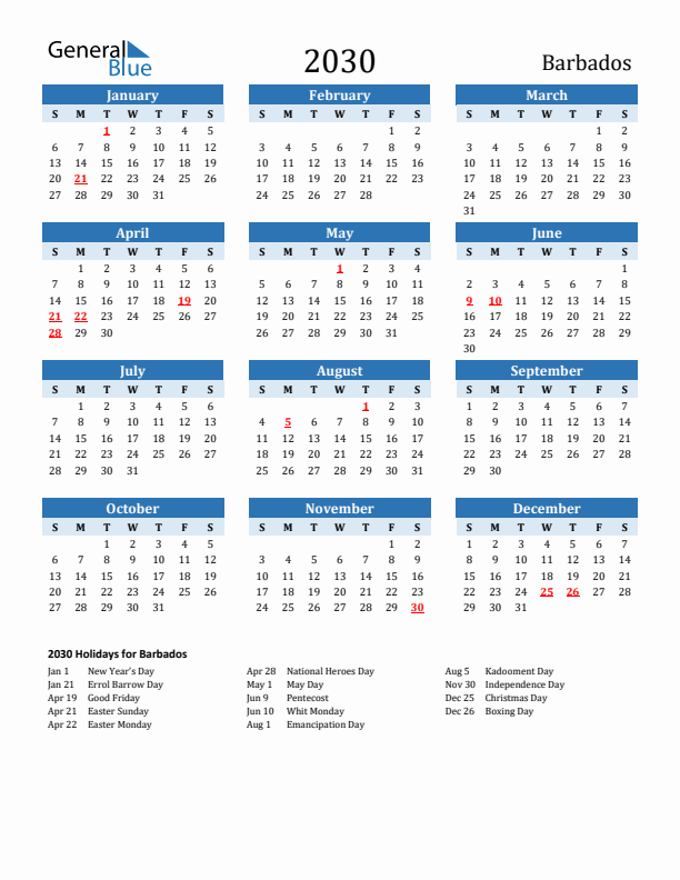 Printable Calendar 2030 with Barbados Holidays (Sunday Start)