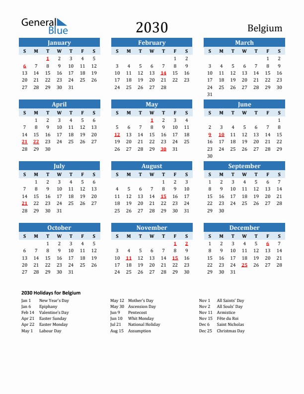 Printable Calendar 2030 with Belgium Holidays (Sunday Start)