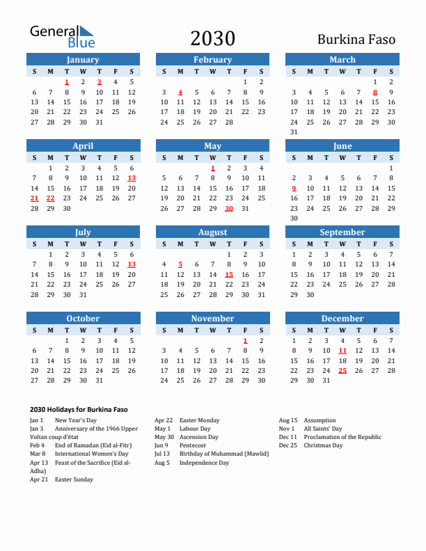 Printable Calendar 2030 with Burkina Faso Holidays (Sunday Start)