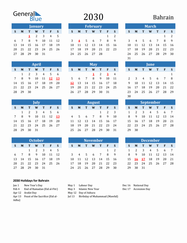 Printable Calendar 2030 with Bahrain Holidays (Sunday Start)
