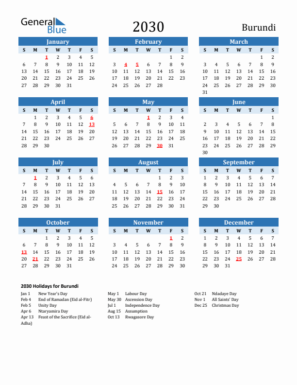 Printable Calendar 2030 with Burundi Holidays (Sunday Start)