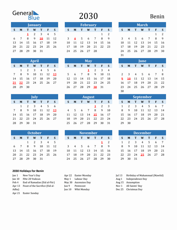 Printable Calendar 2030 with Benin Holidays (Sunday Start)