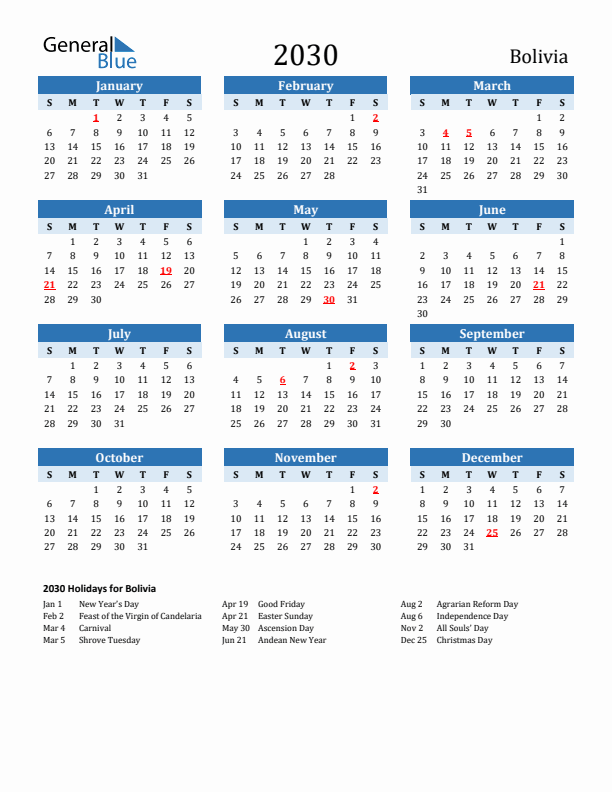 Printable Calendar 2030 with Bolivia Holidays (Sunday Start)