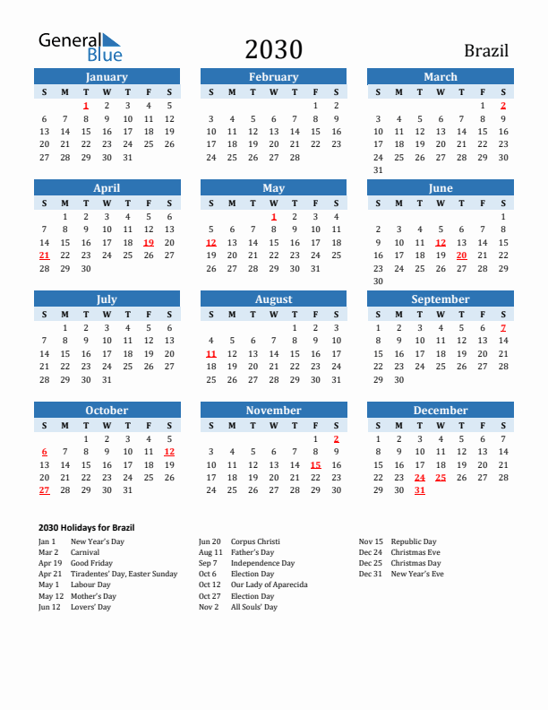 Printable Calendar 2030 with Brazil Holidays (Sunday Start)