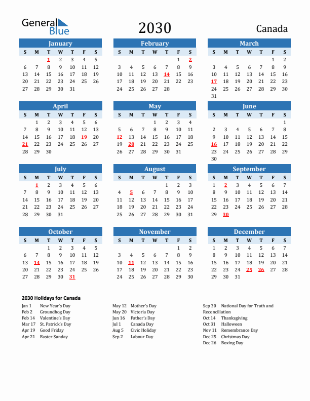 Printable Calendar 2030 with Canada Holidays (Sunday Start)