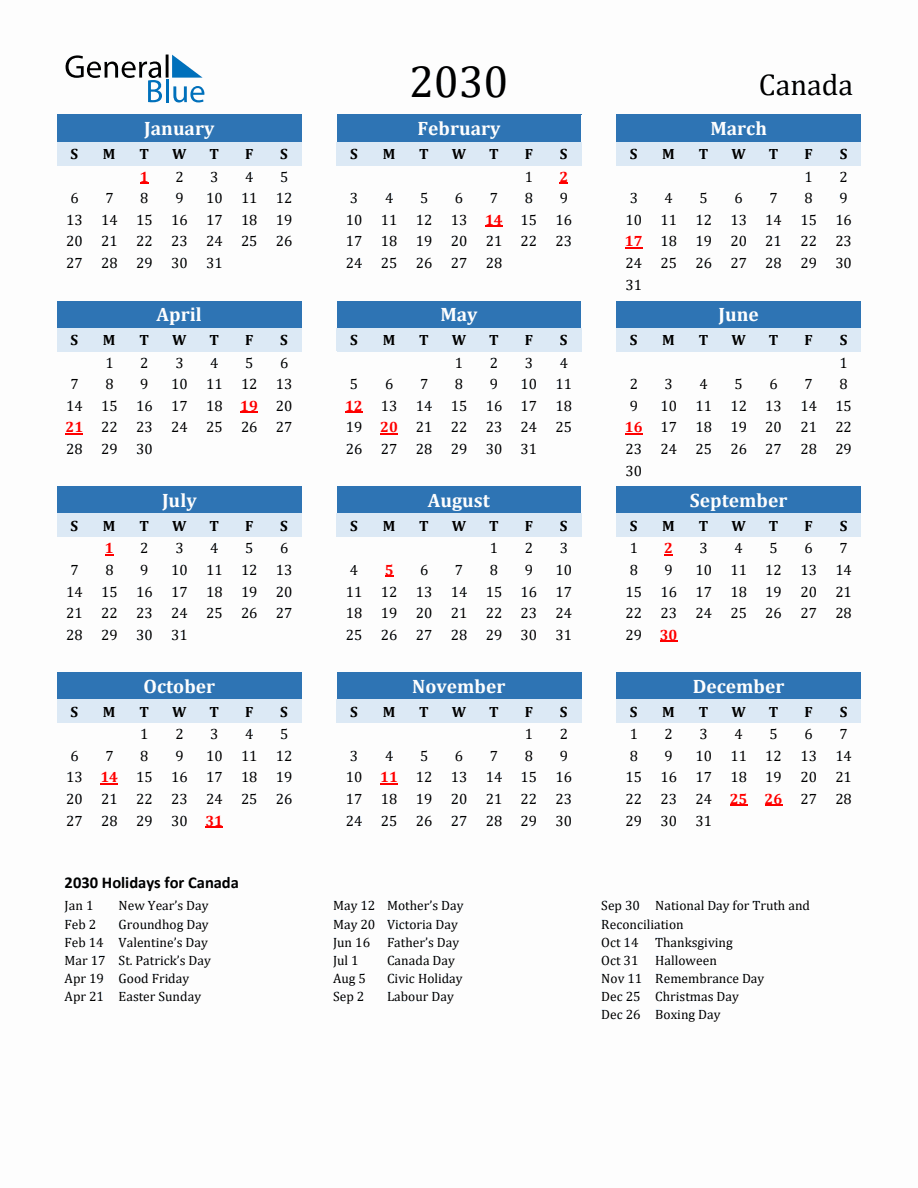 2030 Printable Calendar with Canada Holidays