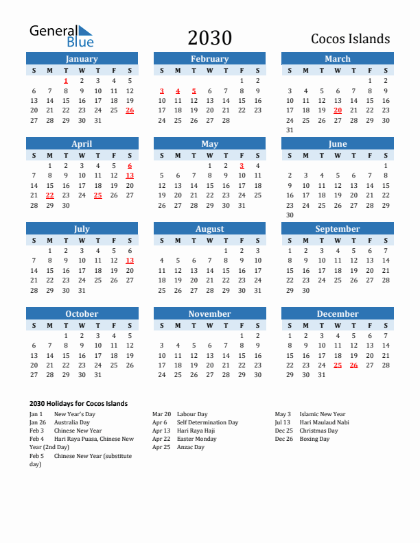 Printable Calendar 2030 with Cocos Islands Holidays (Sunday Start)