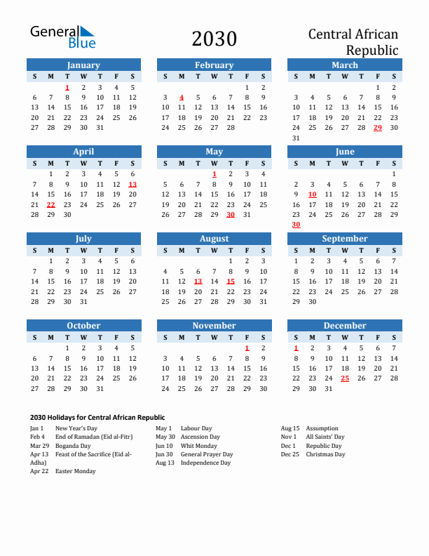 Printable Calendar 2030 with Central African Republic Holidays (Sunday Start)