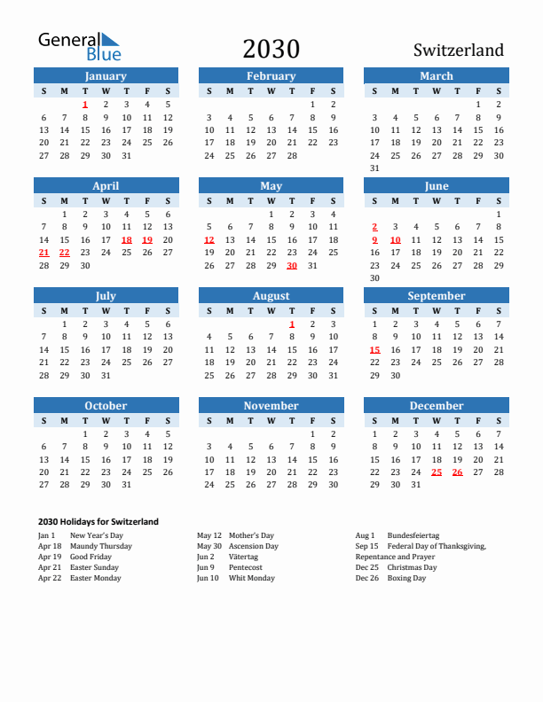 Printable Calendar 2030 with Switzerland Holidays (Sunday Start)