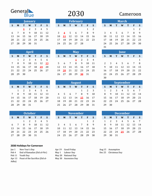 Printable Calendar 2030 with Cameroon Holidays (Sunday Start)