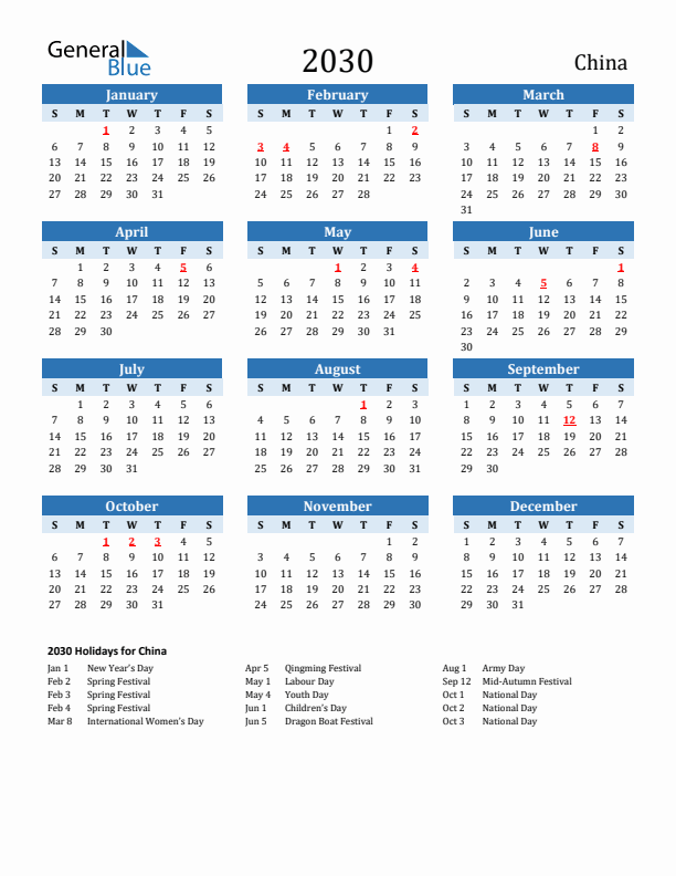 Printable Calendar 2030 with China Holidays (Sunday Start)
