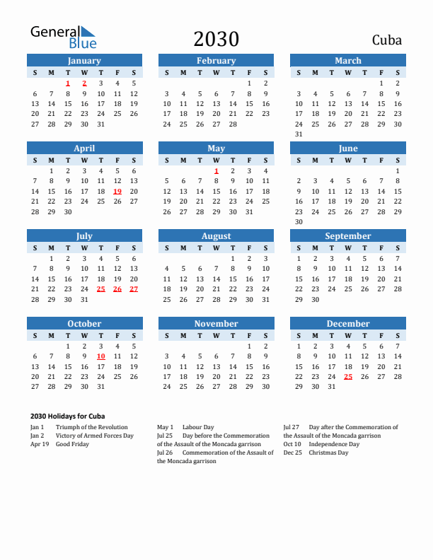 Printable Calendar 2030 with Cuba Holidays (Sunday Start)