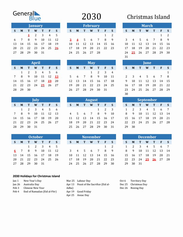 Printable Calendar 2030 with Christmas Island Holidays (Sunday Start)