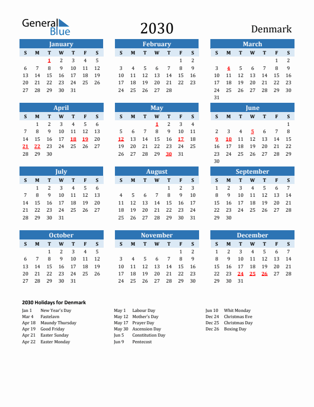 Printable Calendar 2030 with Denmark Holidays (Sunday Start)