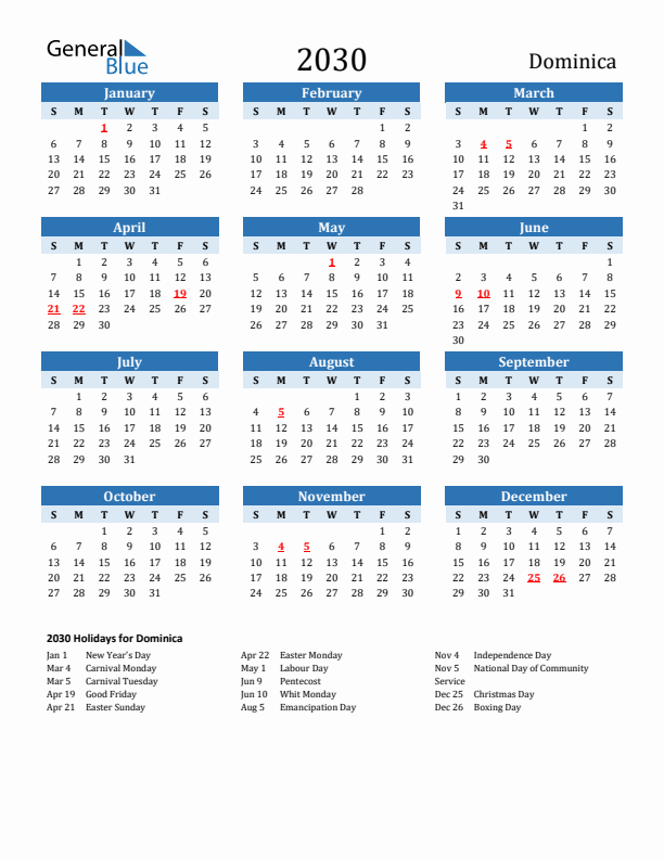 Printable Calendar 2030 with Dominica Holidays (Sunday Start)