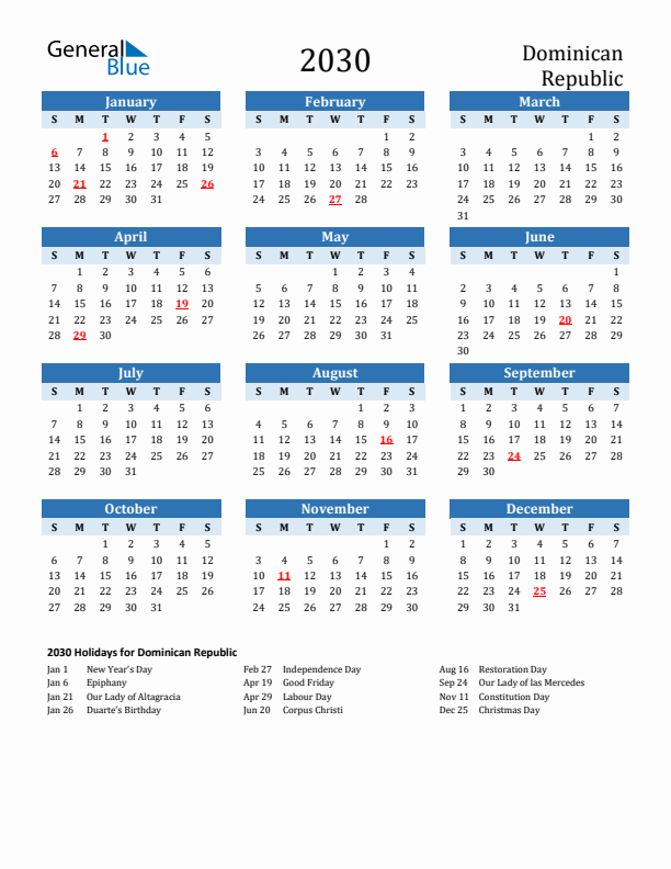 Printable Calendar 2030 with Dominican Republic Holidays (Sunday Start)