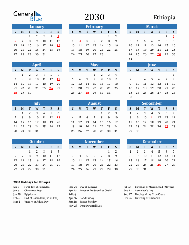 Printable Calendar 2030 with Ethiopia Holidays (Sunday Start)