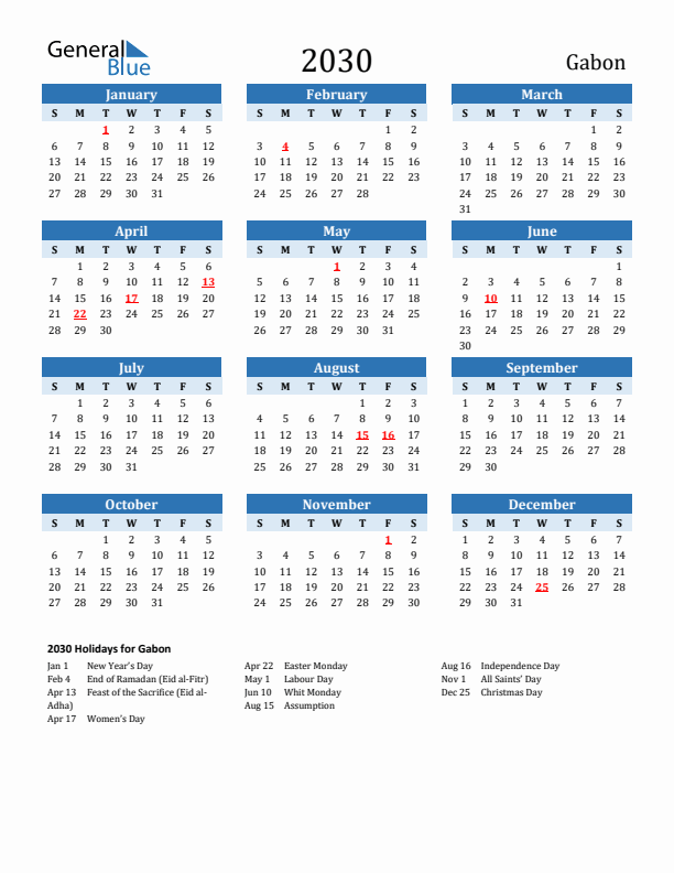 Printable Calendar 2030 with Gabon Holidays (Sunday Start)