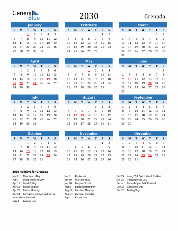Printable Calendar 2030 with Grenada Holidays (Sunday Start)