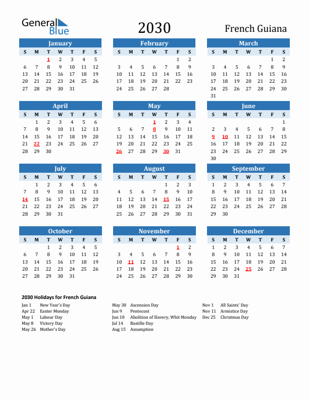 Printable Calendar 2030 with French Guiana Holidays (Sunday Start)
