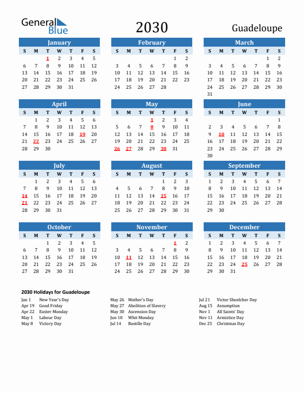 Printable Calendar 2030 with Guadeloupe Holidays (Sunday Start)