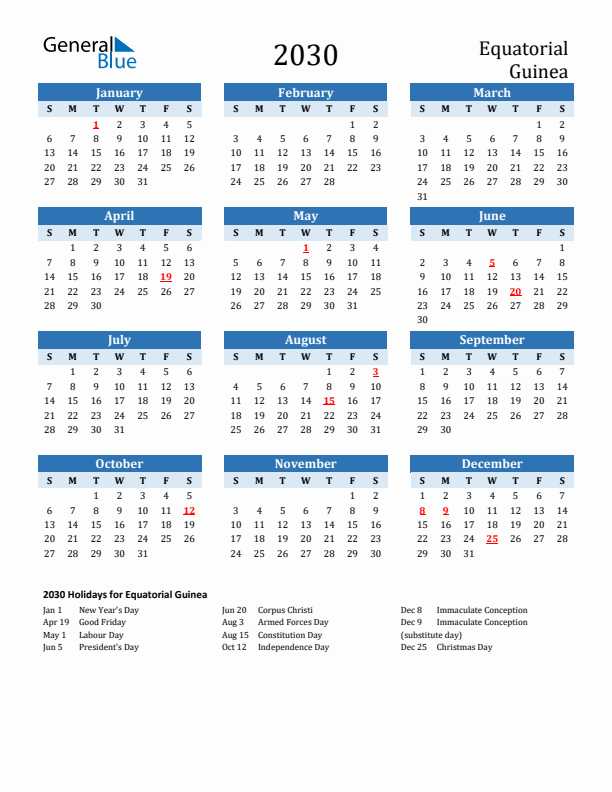 Printable Calendar 2030 with Equatorial Guinea Holidays (Sunday Start)