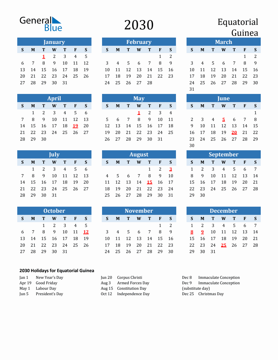 2030 Printable Calendar with Equatorial Guinea Holidays