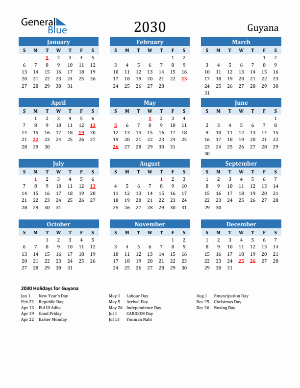 Printable Calendar 2030 with Guyana Holidays (Sunday Start)